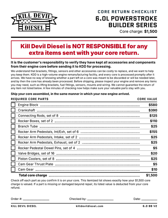KDD 6.0 Builder Series Core Return Checklist - required core parts and core values