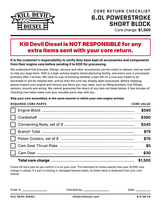 KDD 6.0 Short Block Core Return Checklist - required core parts and core values