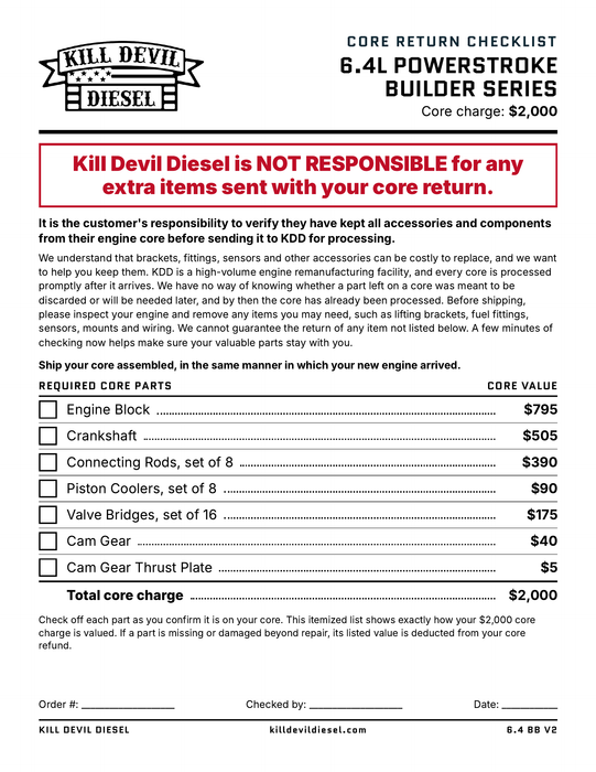 KDD 6.4 Builder Series Core Return Checklist - required core parts and core values