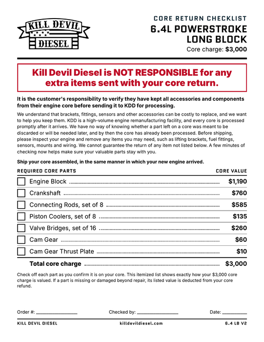 KDD 6.4 Long Block Core Return Checklist - required core parts and core values