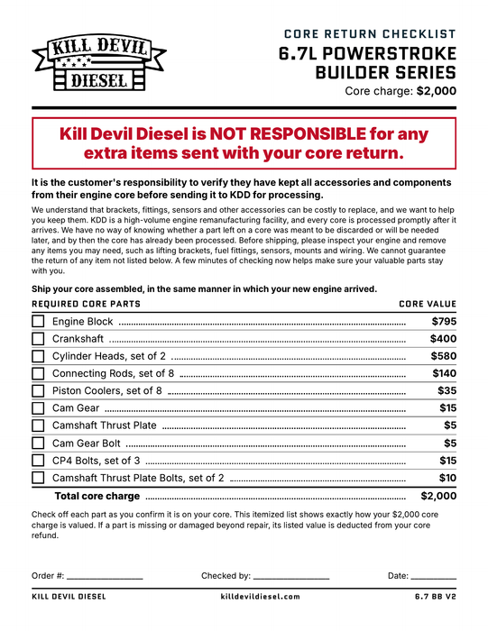KDD 6.7 Builder Series Core Return Checklist - required core parts and core values