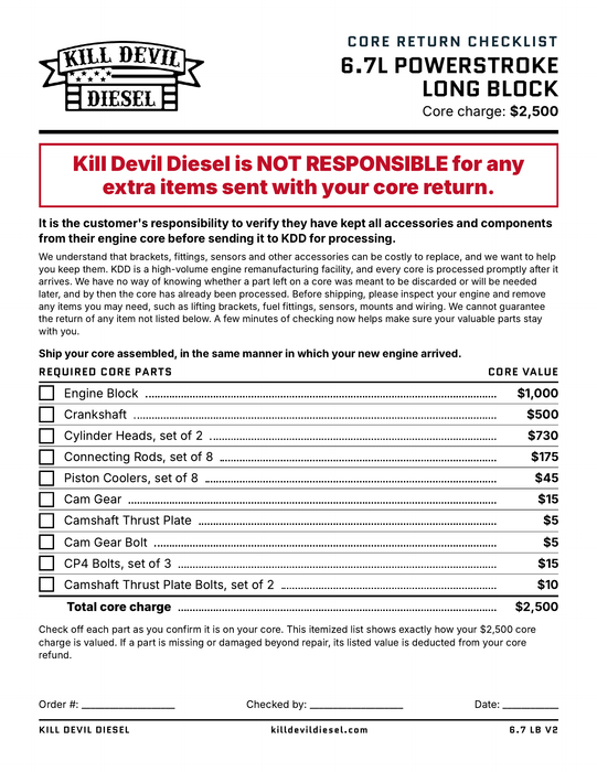 KDD 6.7 Long Block Core Return Checklist - required core parts and core values