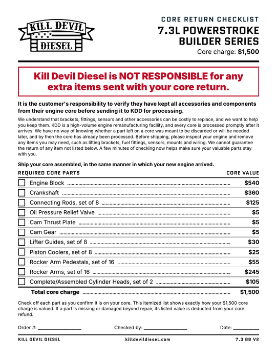 KDD 7.3 Builder Series Core Return Checklist - required core parts and core values