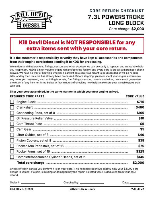 KDD 7.3 Long Block Core Return Checklist - required core parts and core values
