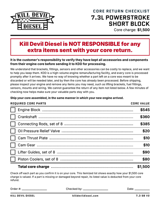 KDD 7.3 Short Block Core Return Checklist - required core parts and core values